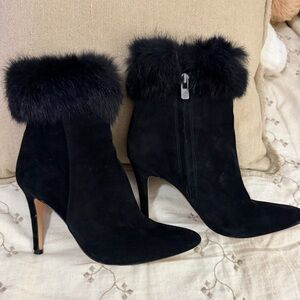 ANTONIO MELANI Black Suede Fur-Trimmed 4” Heeled Boots size 6